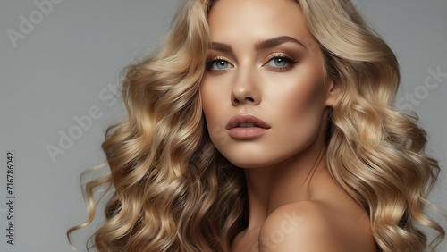 Beautiful portrait of sensual blonde woman with long wavy hair for make up cosmetics ad concept, plain background from Generative AI