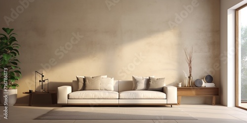 Minimalist loft home interior design of modern living room. Beige sofa in spacious room with stucco walls. 