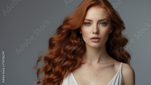 Beautiful portrait of sensual woman with long wavy red hair for make up cosmetics ad concept, plain background from Generative AI