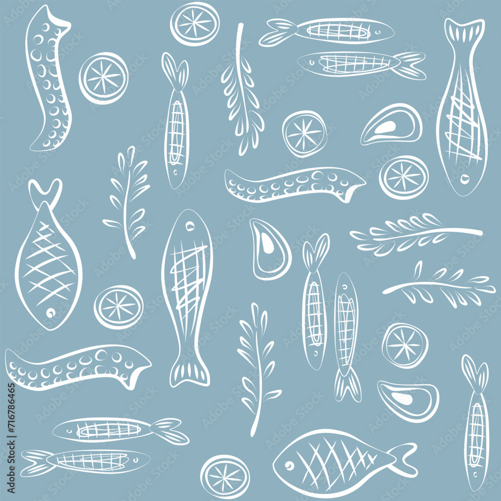 A pattern featuring primitive seafood, lemon rings and rosemary branches on a grey and turquoise background