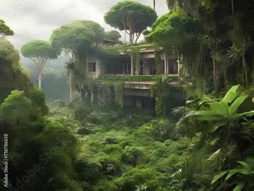 A picture of an old abandoned building overgrown in the jungle