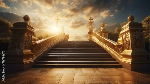 Glorious golden stairway to heaven, gates of heaven, symbol of Christianity concept from Generative AI