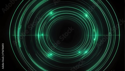 Green neon lights circular orbits on plain black background from Generative AI