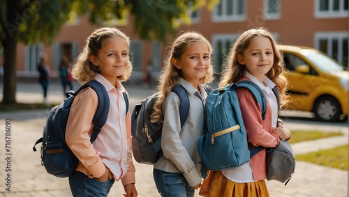Group of children on the first day of the school year with school bags in front of a school from Generative AI