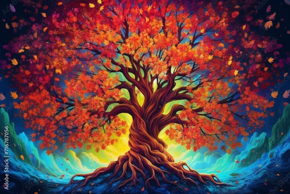 Illustration depicting a vibrant tree symbolizing the cycle of life. Generative AI - obrazy, fototapety, plakaty 