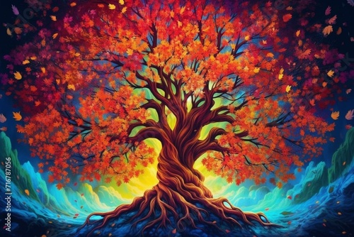 Illustration depicting a vibrant tree symbolizing the cycle of life. Generative AI photo