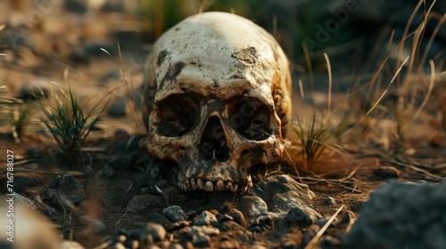 human skull on the ground in real decomposition with good lighting in high resolution and quality