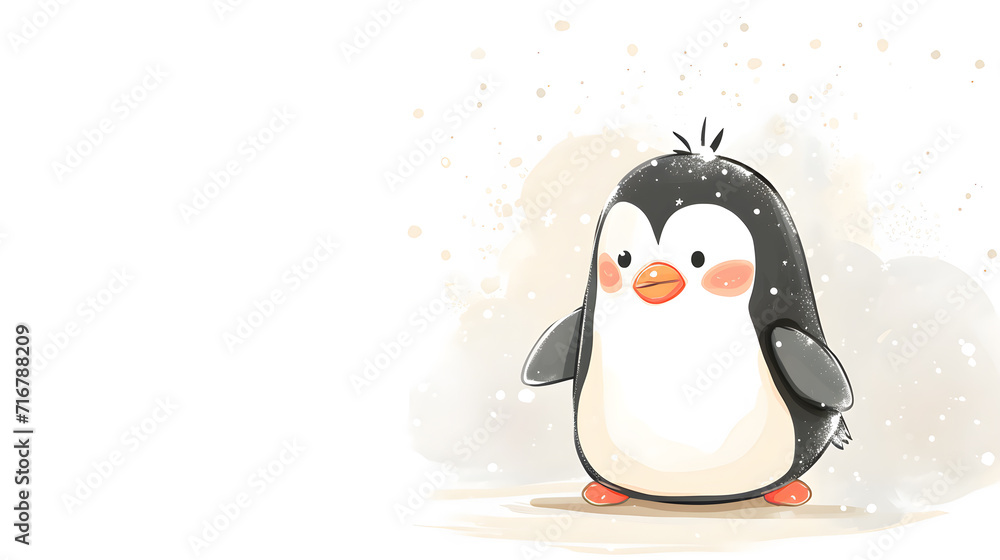 Obraz premium Cute little penguin standing in the snow in pastel cartoon style.