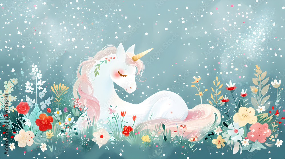 Cute little unicorn sitting in the grass with flowers in pastel cartoon style.