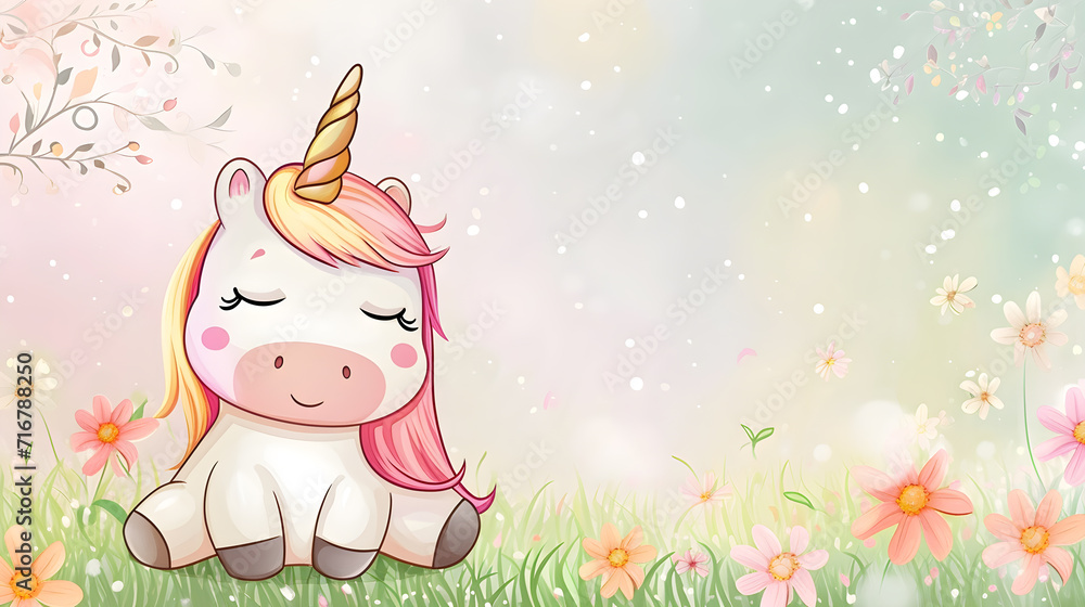Cute little unicorn sitting in the grass with flowers in pastel cartoon style.