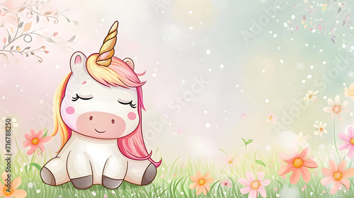 Cute little unicorn sitting in the grass with flowers in pastel cartoon style. © Phaigraphic