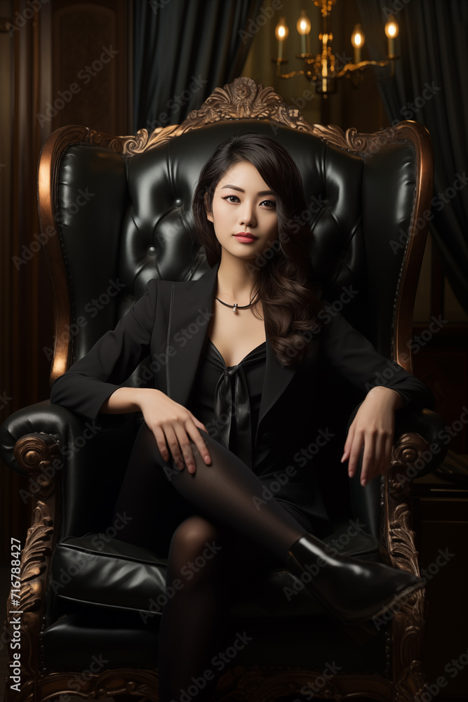 Asian female business portrait, eye catching and elegant, sitting in an armchair. AI Generative.