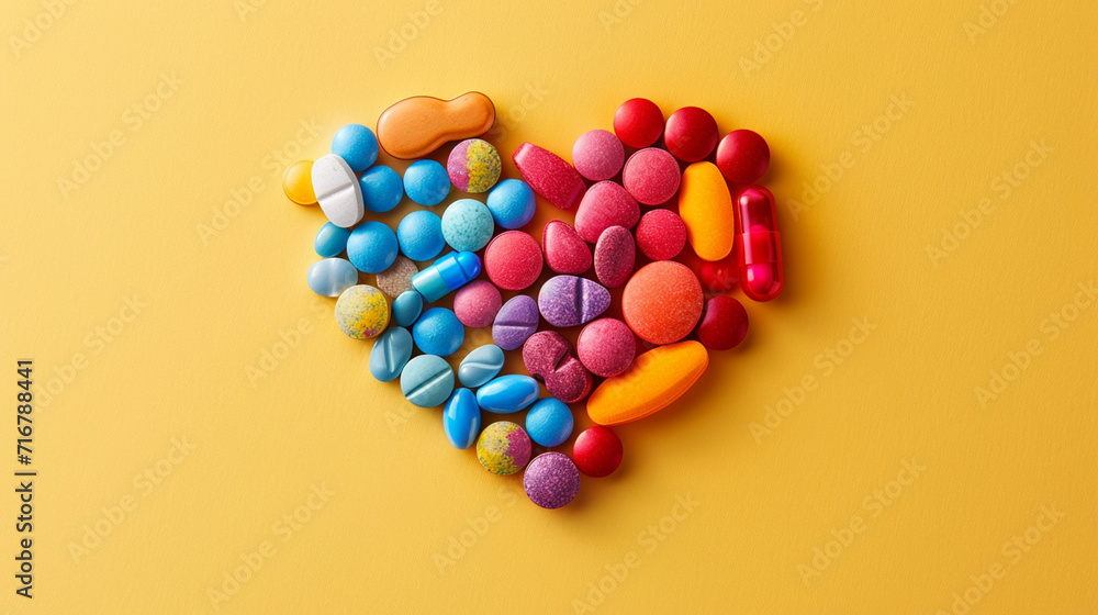 Vividly arranged multicolored tablets create a captivating heart shape on a soft yellow backdrop, forming a visually pleasing gradient for an enchanting and aesthetically appealing composition. Vividly arranged multicolored tablets create a captivating heart shape on a soft yellow backdrop, forming a visually pleasing gradient for an enchanting and aesthetically appealing composition.