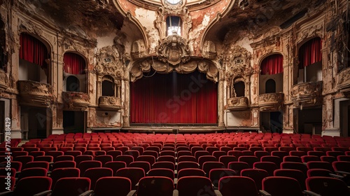 Aerial Shot of Deserted Theater with Red Seats, Capturing Eerie Abandonment