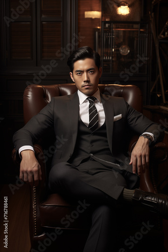 Asian male business portrait, eye catching and elegant, sitting in an armchair. AI Generative