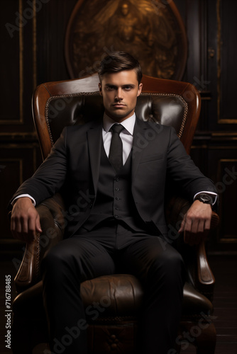 Male business portrait, eye catching and elegant, sitting in an armchair. AI Generative