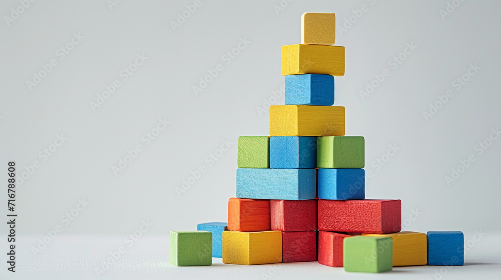Vivid construction scene unfolds with colorful building blocks—tall tower rises, halfway completed. Dispersed blocks hint at the project's potential on a clean white backdrop. Vivid construction scene unfolds with colorful building blocks—tall tower rises, halfway completed. Dispersed blocks hint at the project's potential on a clean white backdrop.