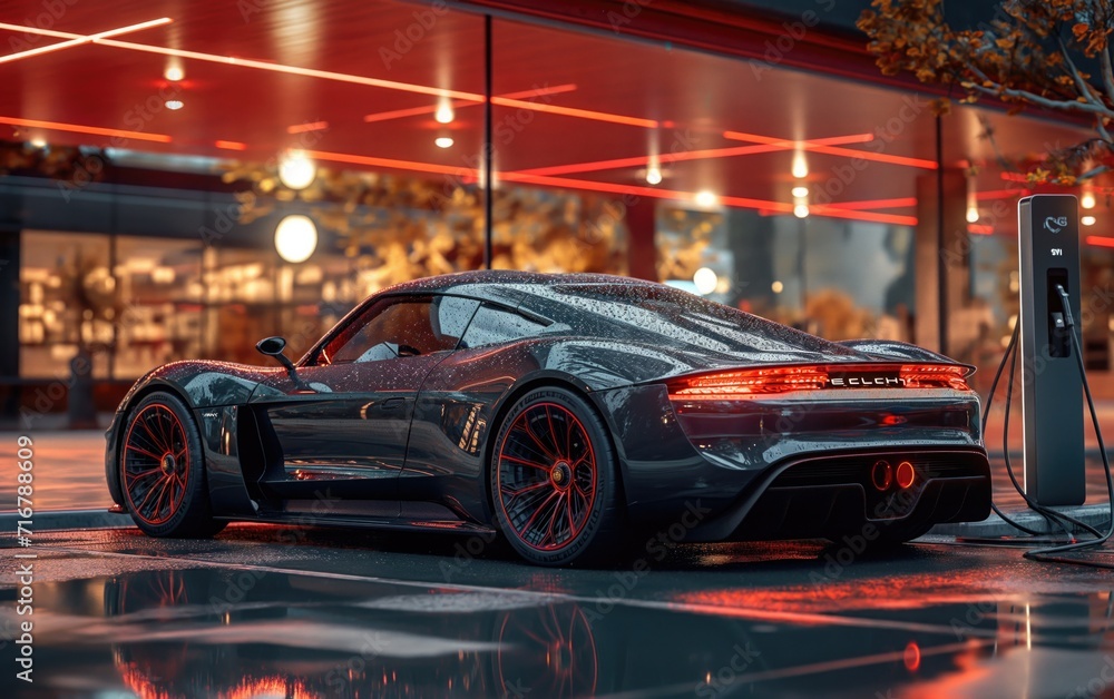 a luxury electric sports car is charging at a sleek, corporate EV Station a luxury electric sports car is charging at a sleek, corporate EV Station