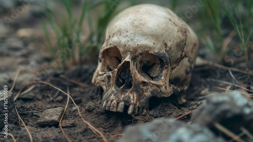 human skull on the ground in a cemetery