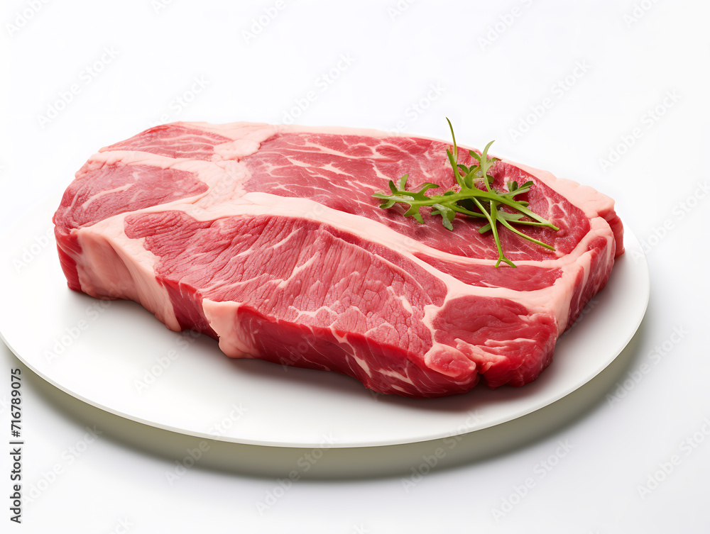 A raw beef steak on a plate with some rosemary on it, ready to be cooked. Isolated on a white background. Created with Generative AI.