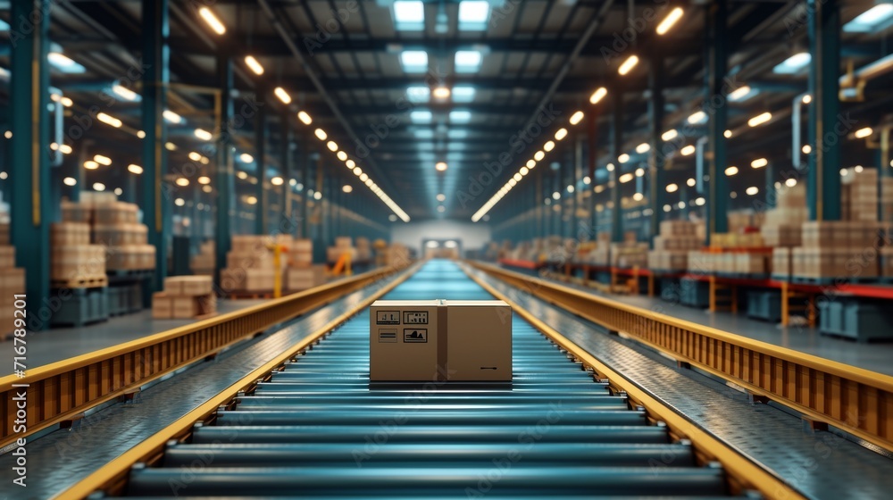 Smart warehouse management system concept.Cardboard boxes on conveyor rollers ready to be shipped by courier for distribution in warehouse.Huge distribution warehouse with high shelves and loaders. - obrazy, fototapety, plakaty 