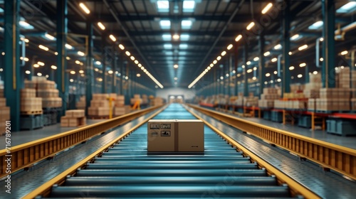 Smart warehouse management system concept.Cardboard boxes on conveyor rollers ready to be shipped by courier for distribution in warehouse.Huge distribution warehouse with high shelves and loaders. © ND STOCK