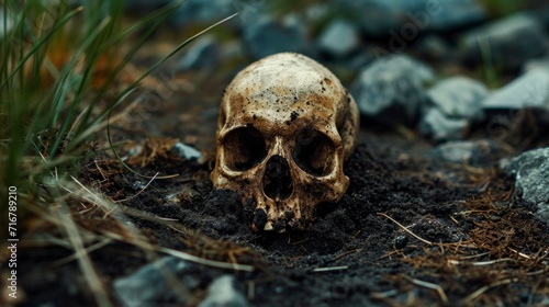 human skull on the ground in a decomposing cemetery in high resolution