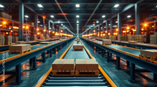 Smart warehouse management system concept.Cardboard boxes on conveyor rollers ready to be shipped by courier for distribution in warehouse.Huge distribution warehouse with high shelves and loaders.