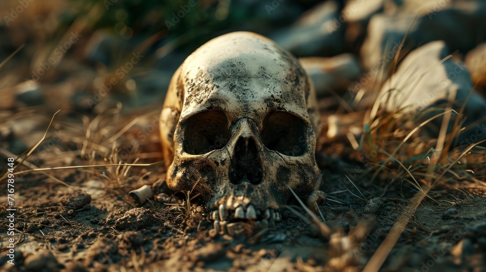 human skull on the ground in a decomposing cemetery in high resolution and quality