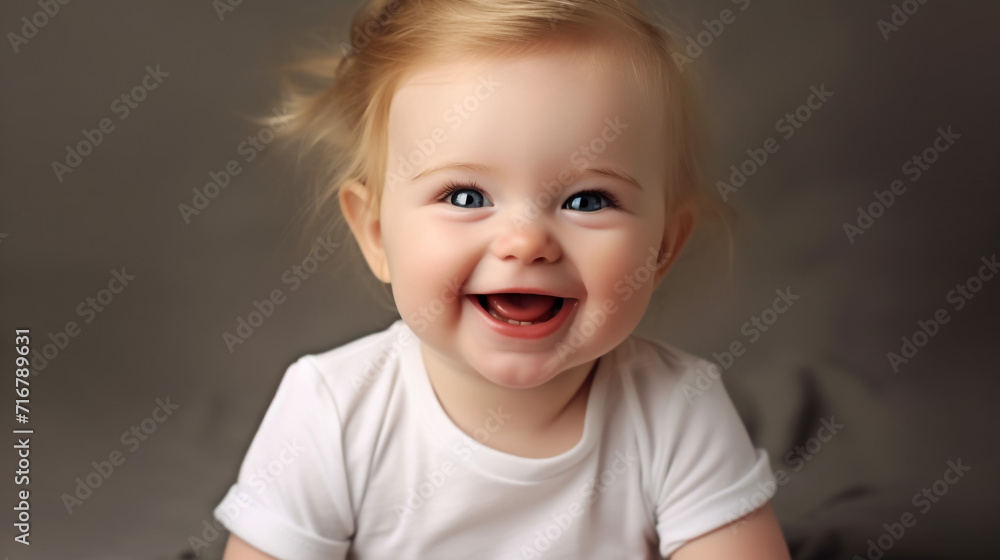 Little baby is smiling. Close-up portrait of a laughing baby. Generative AI
