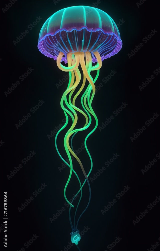 Artistic Beautiful Neon Jellyfish in Deep Dark Ocean Background Artistic Beautiful Neon Jellyfish in Deep Dark Ocean Background