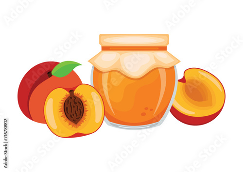 Peach jam in glass jar and fresh peaches vector illustration. Glass of peach marmalade design element. Peach jam jar icon set isolated on a white background