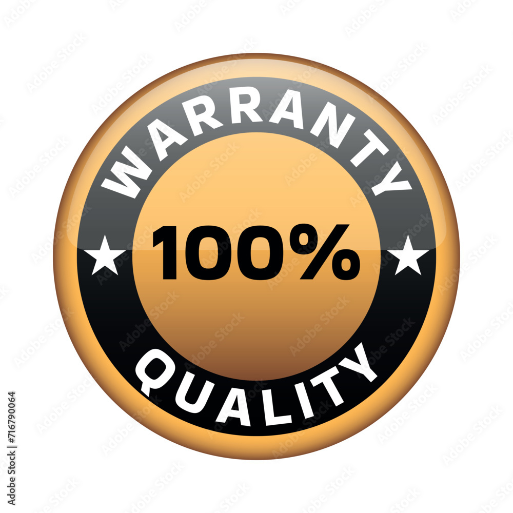 The badge is in the form of a golden circle with a black round frame and an inscription about 100% guarantee and quality