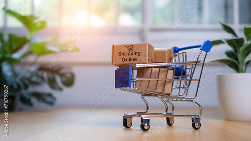 Online shopping, Product package boxes in cart with shopping bag  delivery concept, Shopping service on The online web and offers home delivery, online shopping and delivery concept. photo