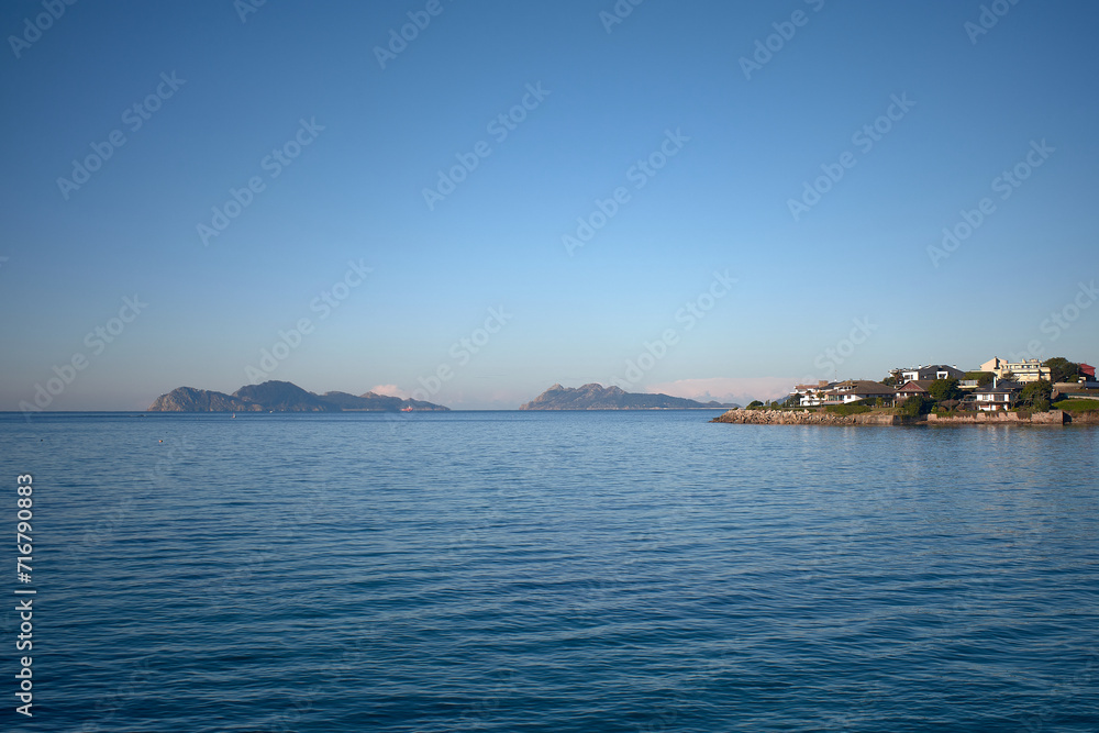 View of the Cies Islands from Canido beach with an end of the Toralla island Vigo, Spain