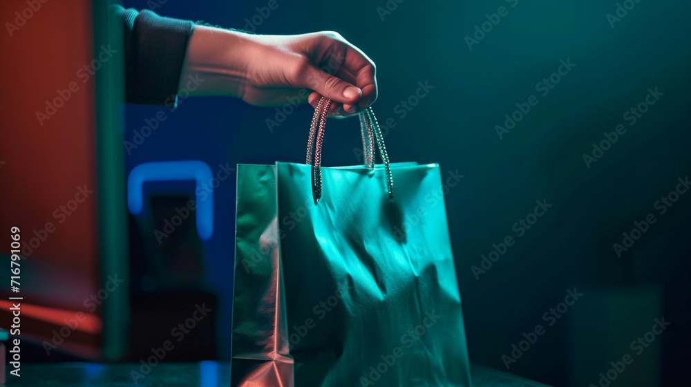 A hand reaching out from a computer screen handing over a shopping bag, online shopping, dynamic and dramatic compositions, with copy space