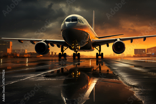 Ready for departure, Airplane prepares for takeoff on airport runway, front view, horizontal wallpaper