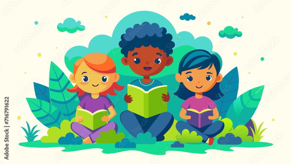 Diverse group of happy children reading books outdoors, educational concept illustration