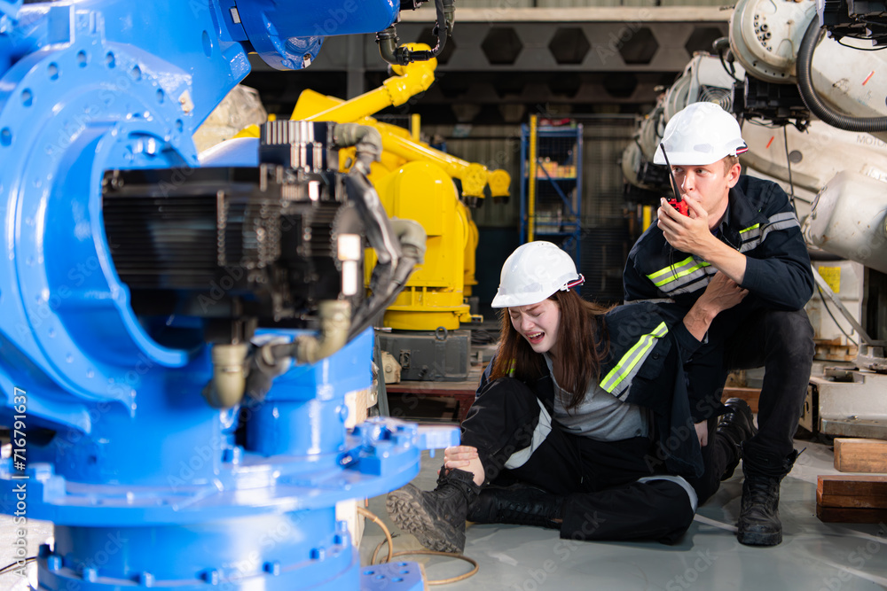 A female worker suffered a leg accident while working in robotic arms factory and male technician asking for first aid assistance A female worker suffered a leg accident while working in robotic arms factory and male technician asking for first aid assistance