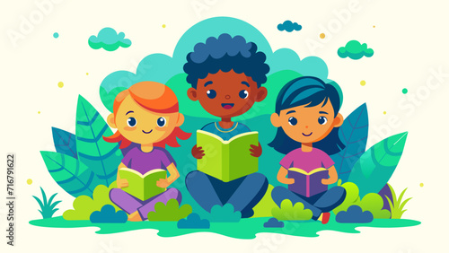 Diverse group of happy children reading books outdoors  educational concept illustration