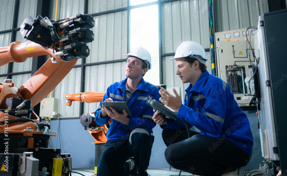 Engineer and technician working with robot arm in factory. Industry and engineering concept. Engineer and technician working with robot arm in factory. Industry and engineering concept.