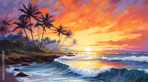 Tranquil beach at sunset with waves painted in oils_Generative AI