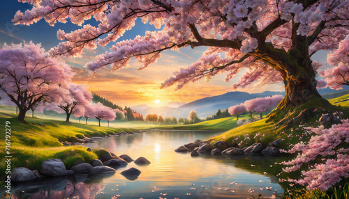 Paysage de campagne avec cerisier en fleur, rivière et coucher de soleil sur la nature