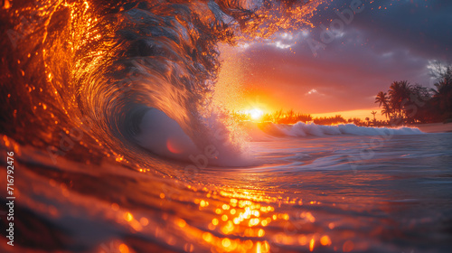 Photo taken from under ocean big wave at sunset. © Bluesky60