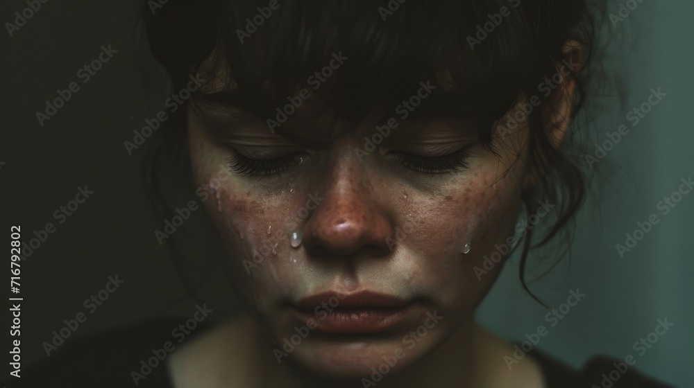 A vulnerable woman, with tears streaming down her face, showcases her raw emotions through the closeup of her delicate eyelashes, skin, eyebrows, lips, and jaw in this dark, intimate indoor portrait A vulnerable woman, with tears streaming down her face, showcases her raw emotions through the closeup of her delicate eyelashes, skin, eyebrows, lips, and jaw in this dark, intimate indoor portrait