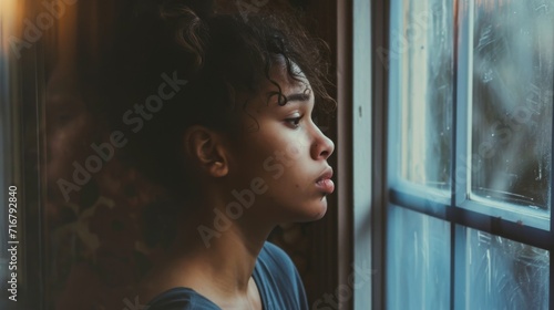 A contemplative woman with black hair gazes out a window, her portrait framed by the indoor light and the building's shadows