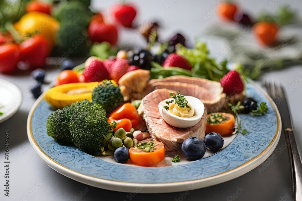 Nourishing Plate. Wholesome food for a vibrant, healthy lifestyle and longevity. Balanced nutrition on a plate. Wellness and longevity concept. Nourishing Plate. Wholesome food for a vibrant, healthy lifestyle and longevity. Balanced nutrition on a plate. Wellness and longevity concept.