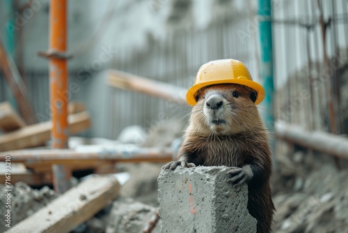 A determined beaver stands proudly in his orange hard hat, ready to tackle any building project in the great outdoors of the zoo photo