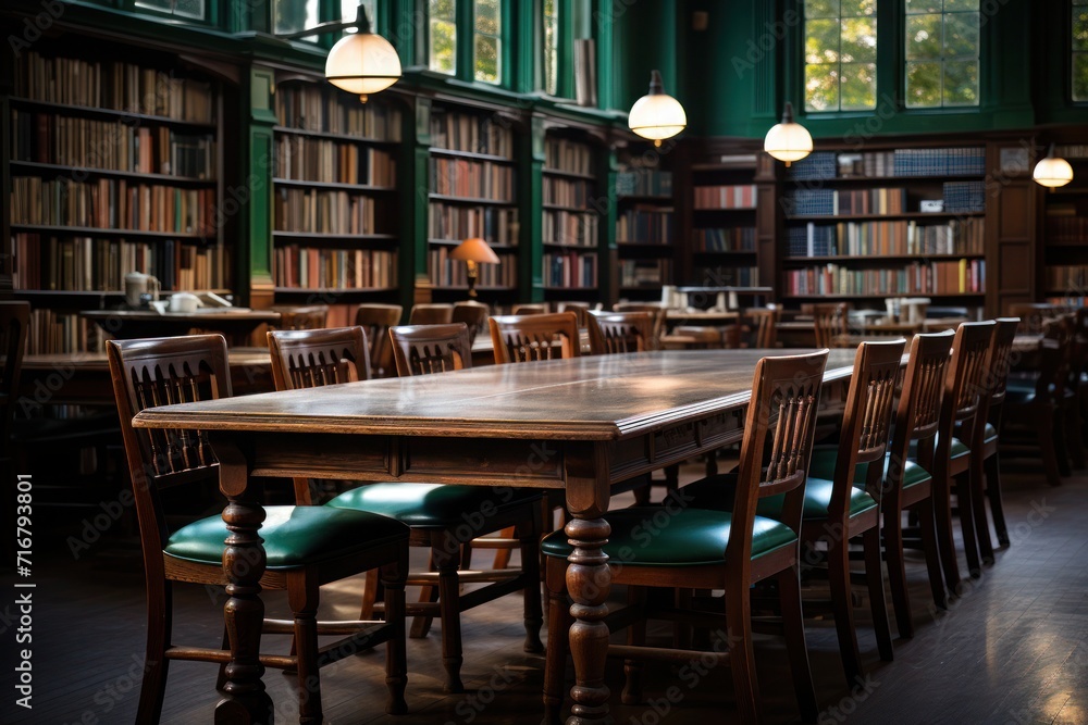 A quiet, dimly lit library with empty tables and chairs.