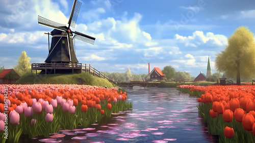 Landscape with tulips in Zaanse Schans, Netherlands, Europe, Generative AI. #716794237
